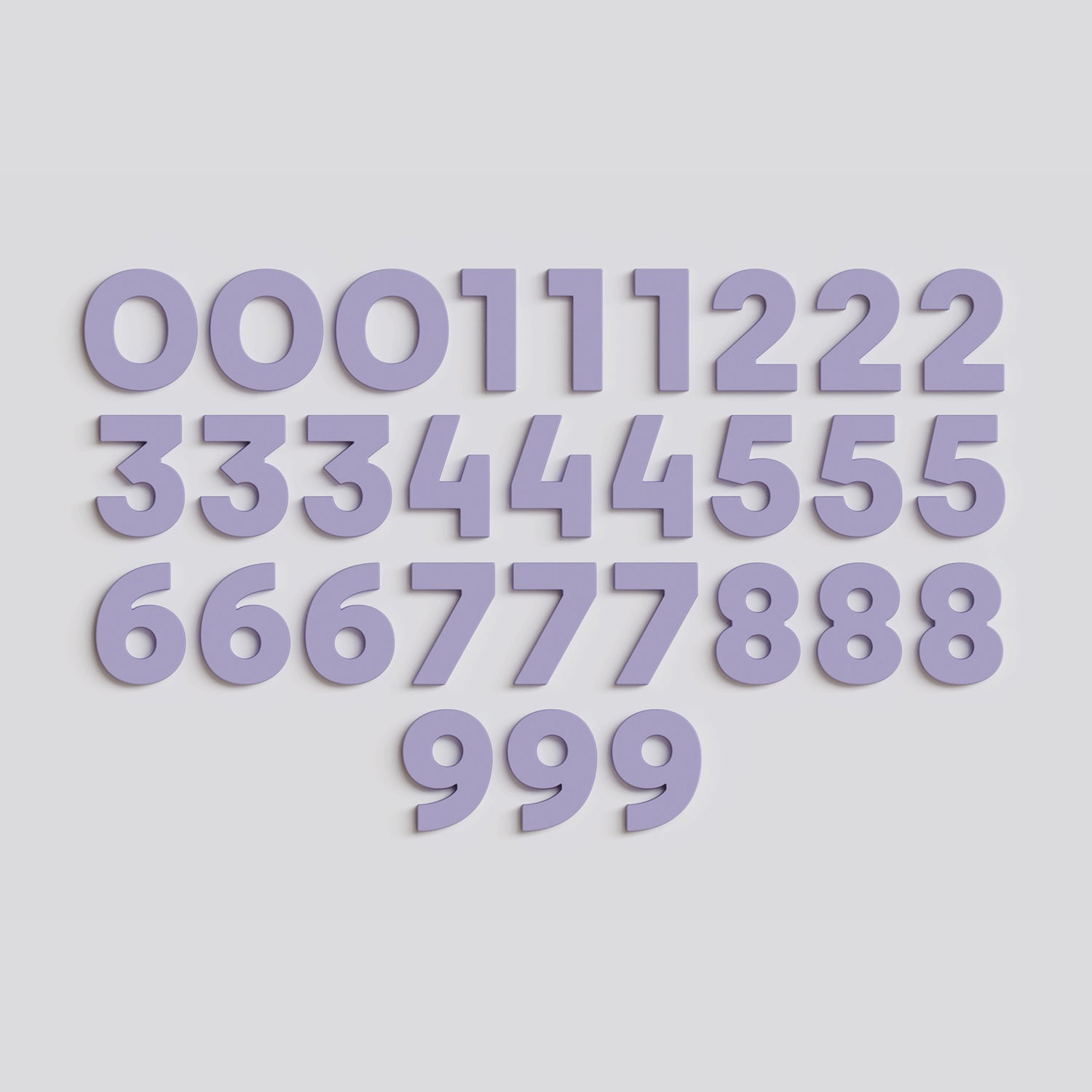 Full set of 30 grape Wordbits number magnet letters and symbols laid out neatly on a grey background