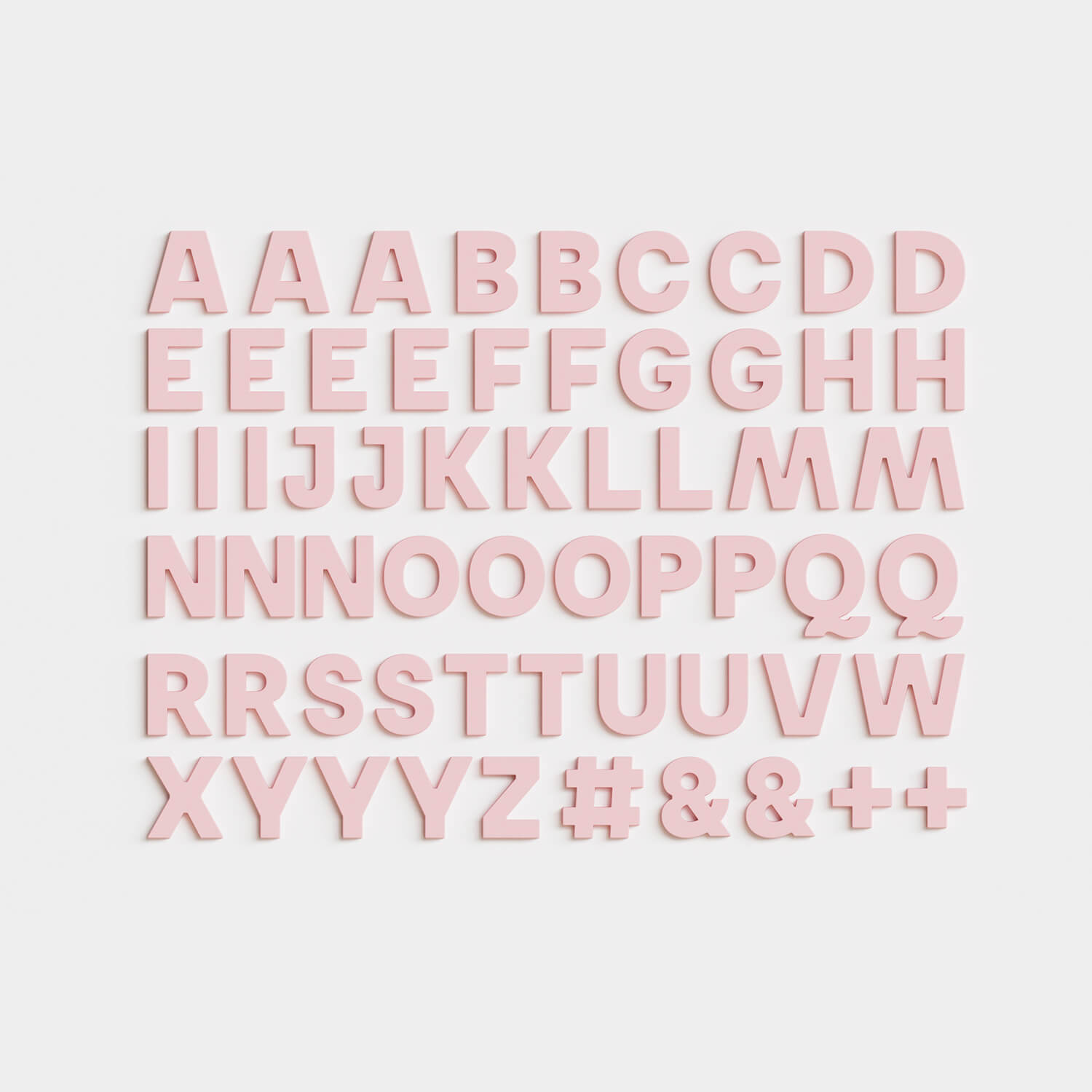 Full set of 60 blush Wordbits alphabet magnet letters and symbols laid out neatly on a grey background