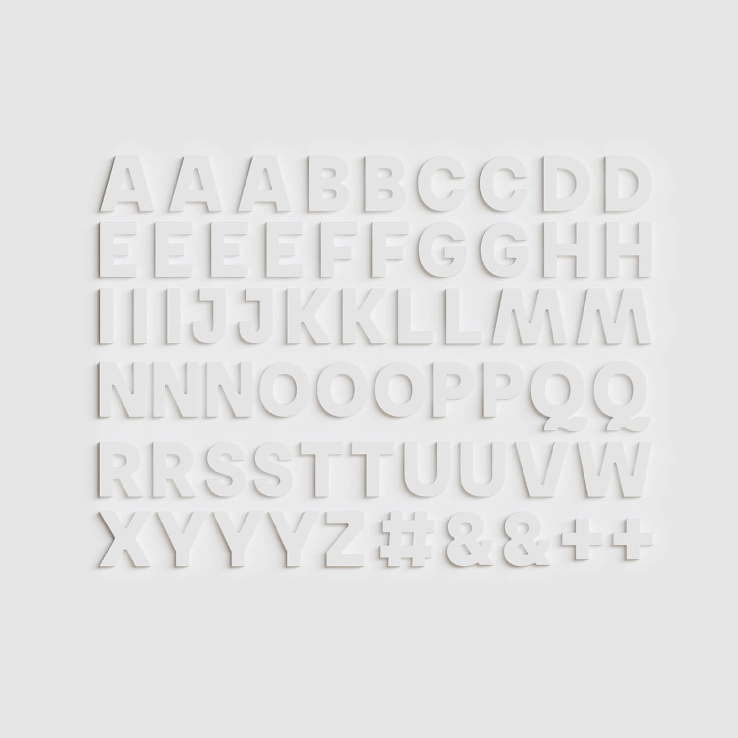 Full set of 60 bone Wordbits alphabet magnet letters and symbols laid out neatly on a grey background