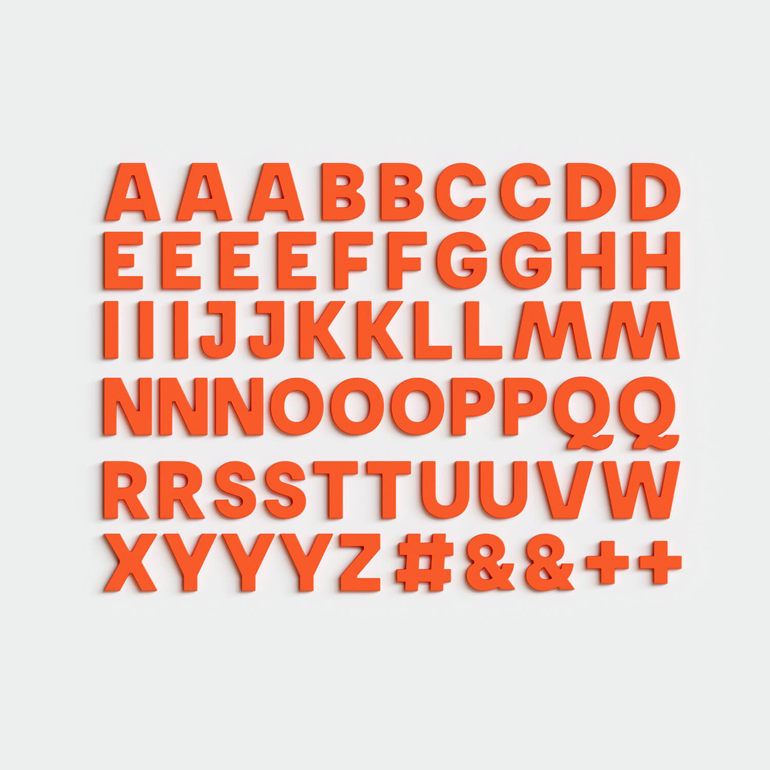 Full set of 60 cherry Wordbits alphabet magnet letters and symbols laid out neatly on a grey background