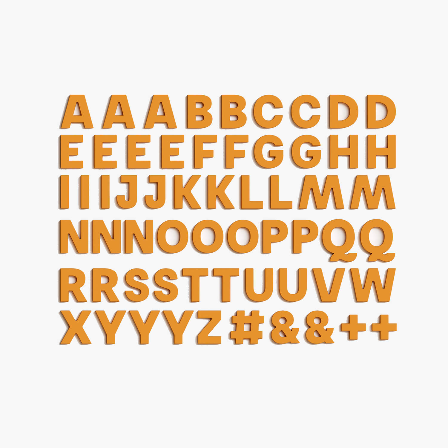 Full set of 60 mustard Wordbits alphabet magnet letters and symbols laid out neatly on a grey background