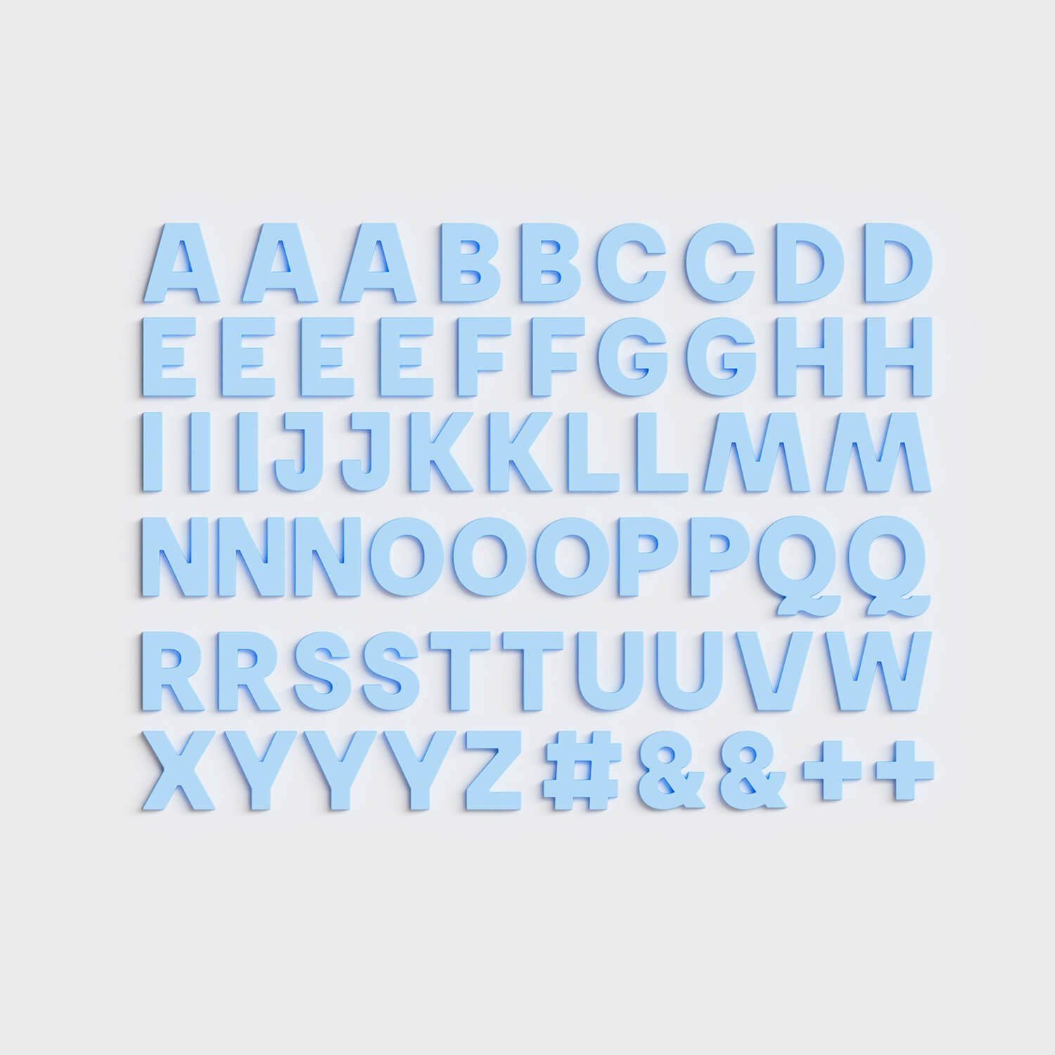 Full set of 60 sky Wordbits alphabet magnet letters and symbols laid out neatly on a grey background