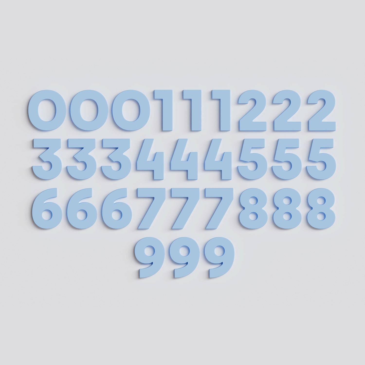 Full set of 30 sky Wordbits number magnet letters and symbols laid out neatly on a grey background
